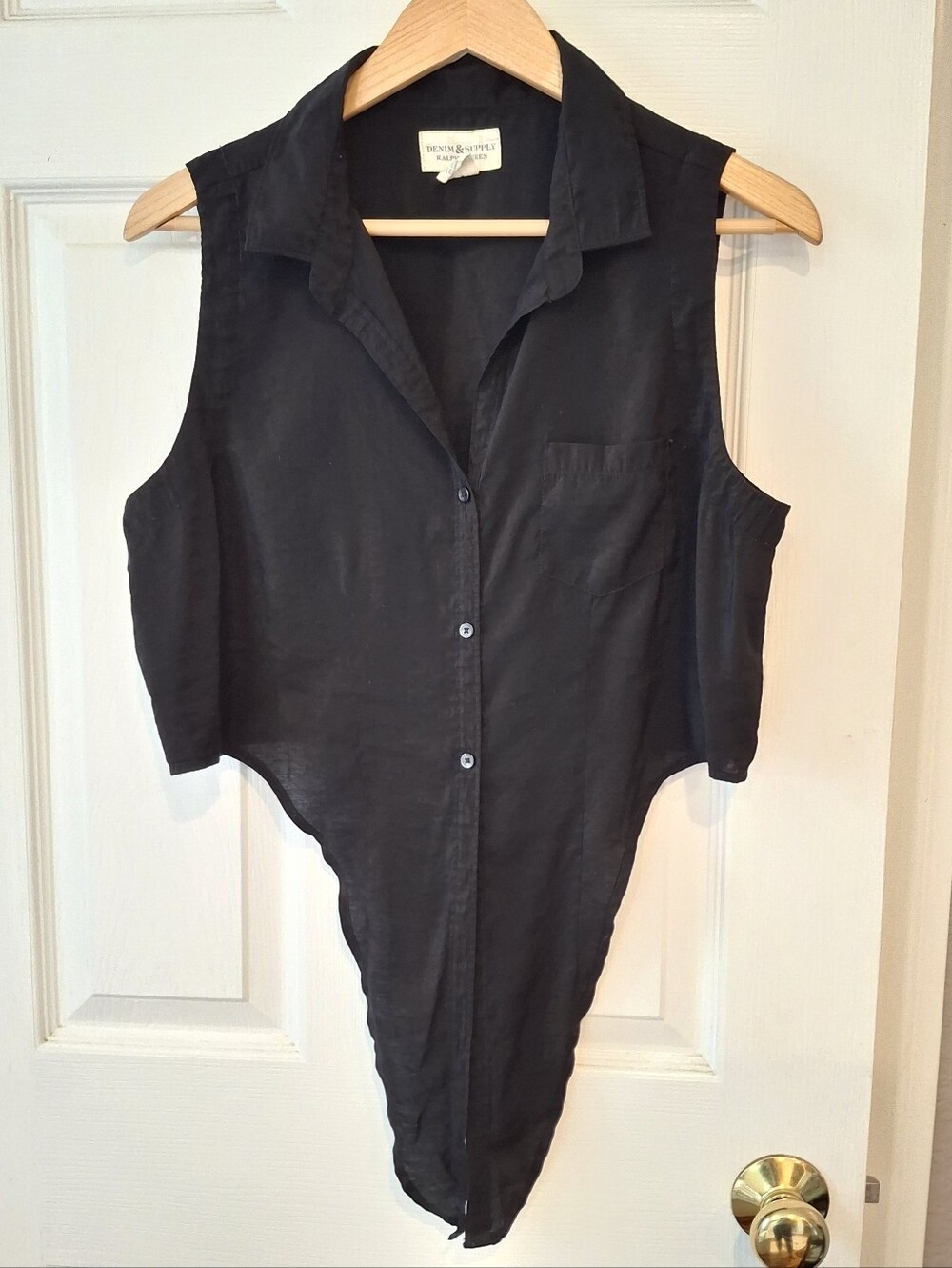 Denim & Supply Ralph Lauren Black Button Up Tie Front Tank Top Crop Shirt Size L